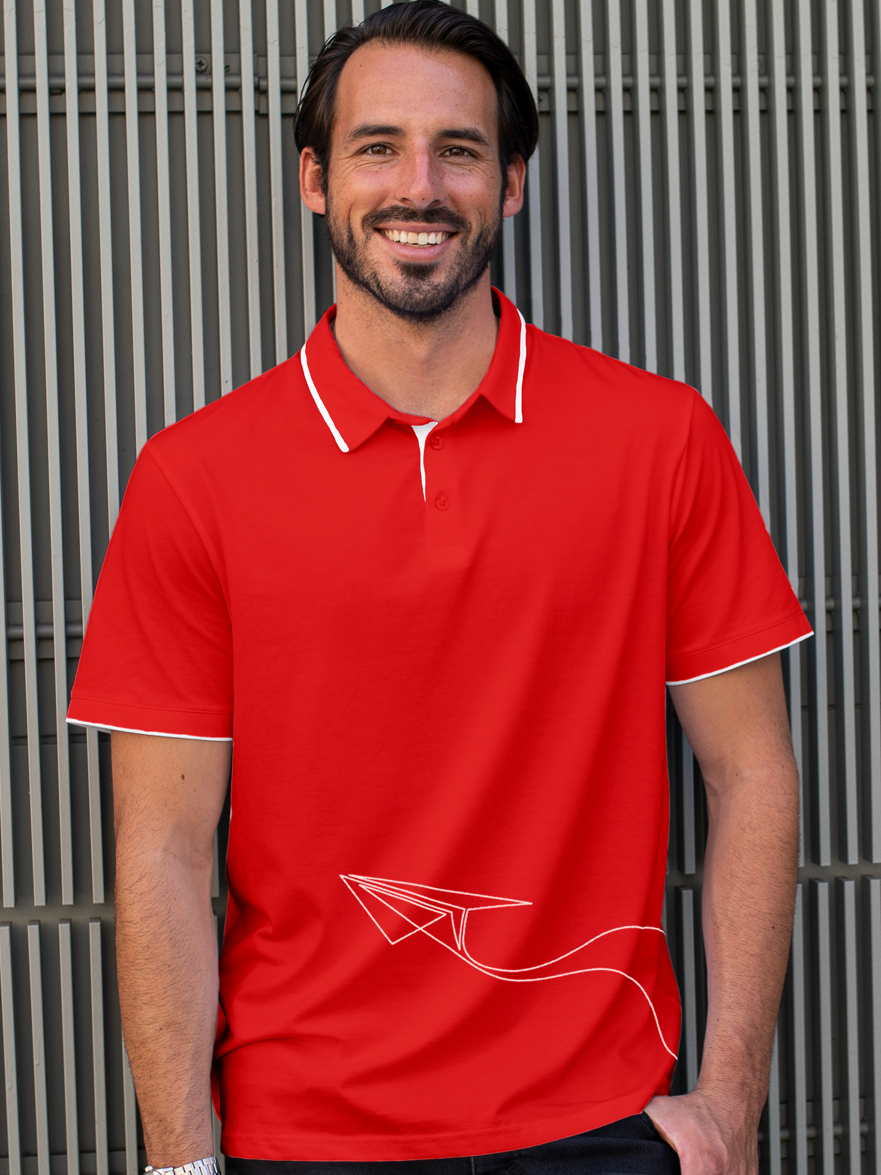 Model wearing Men's Red Polo T-shirt with 'Empowered' design, offering effortless style and premium comfort