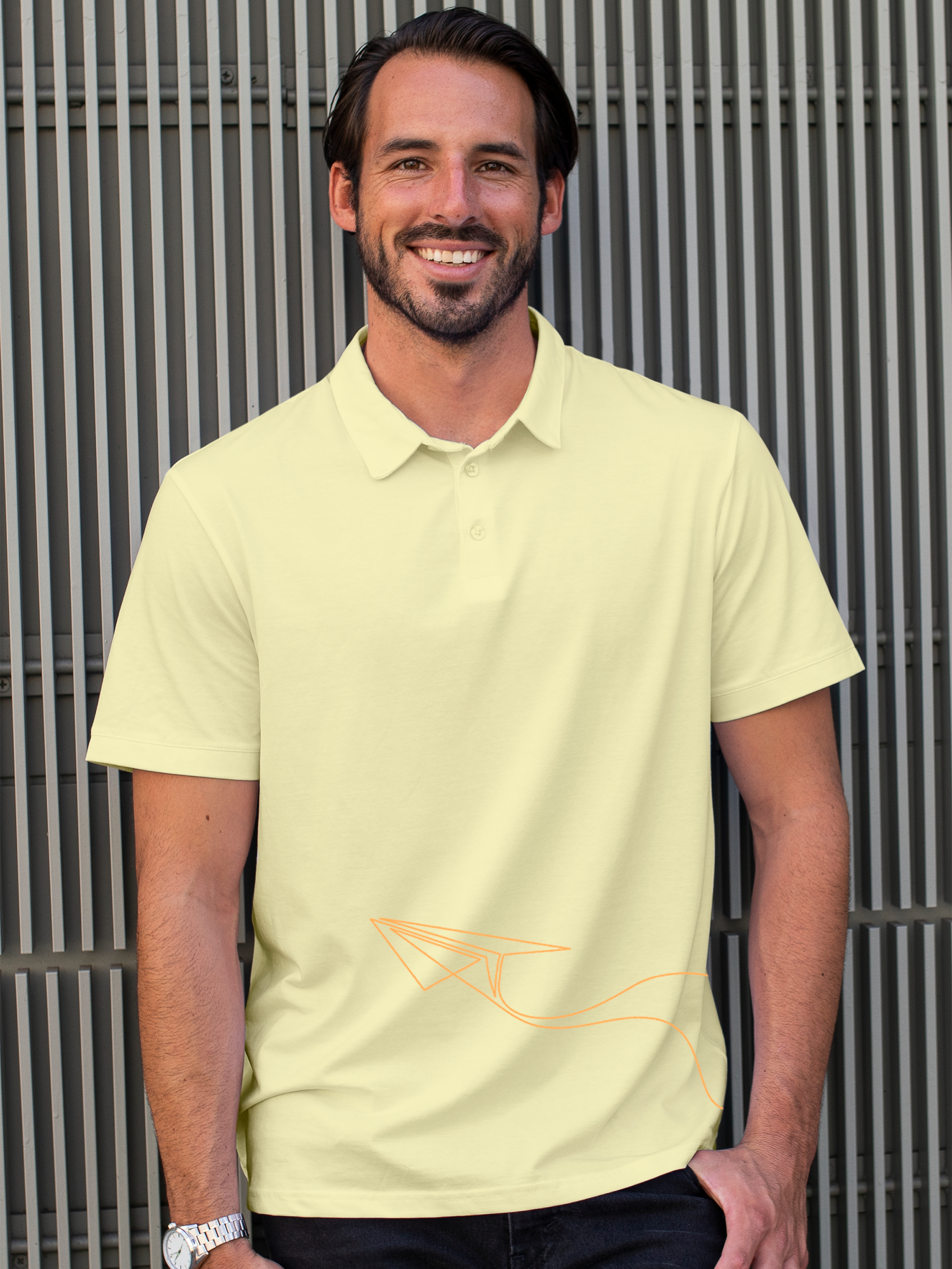 Model wearing Men's Yellow Polo T-shirt with 'Empowered' design, offering effortless style and premium comfort