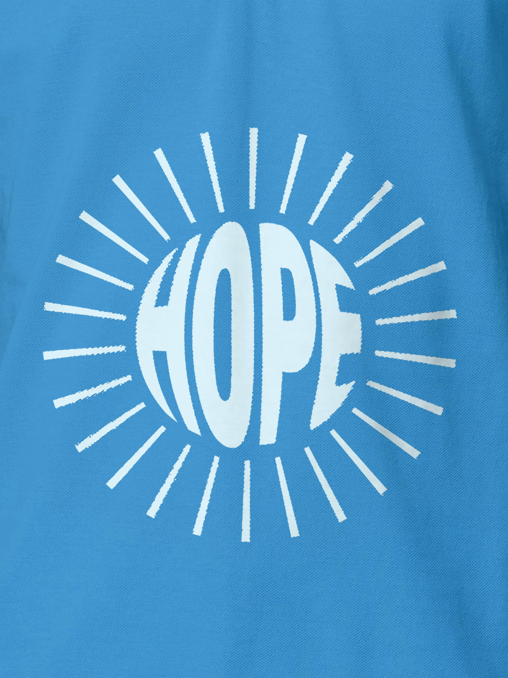 Close up of 'Hope' design on Men's Blue Polo T-shirt, highlighting intricate details and vibrant print.