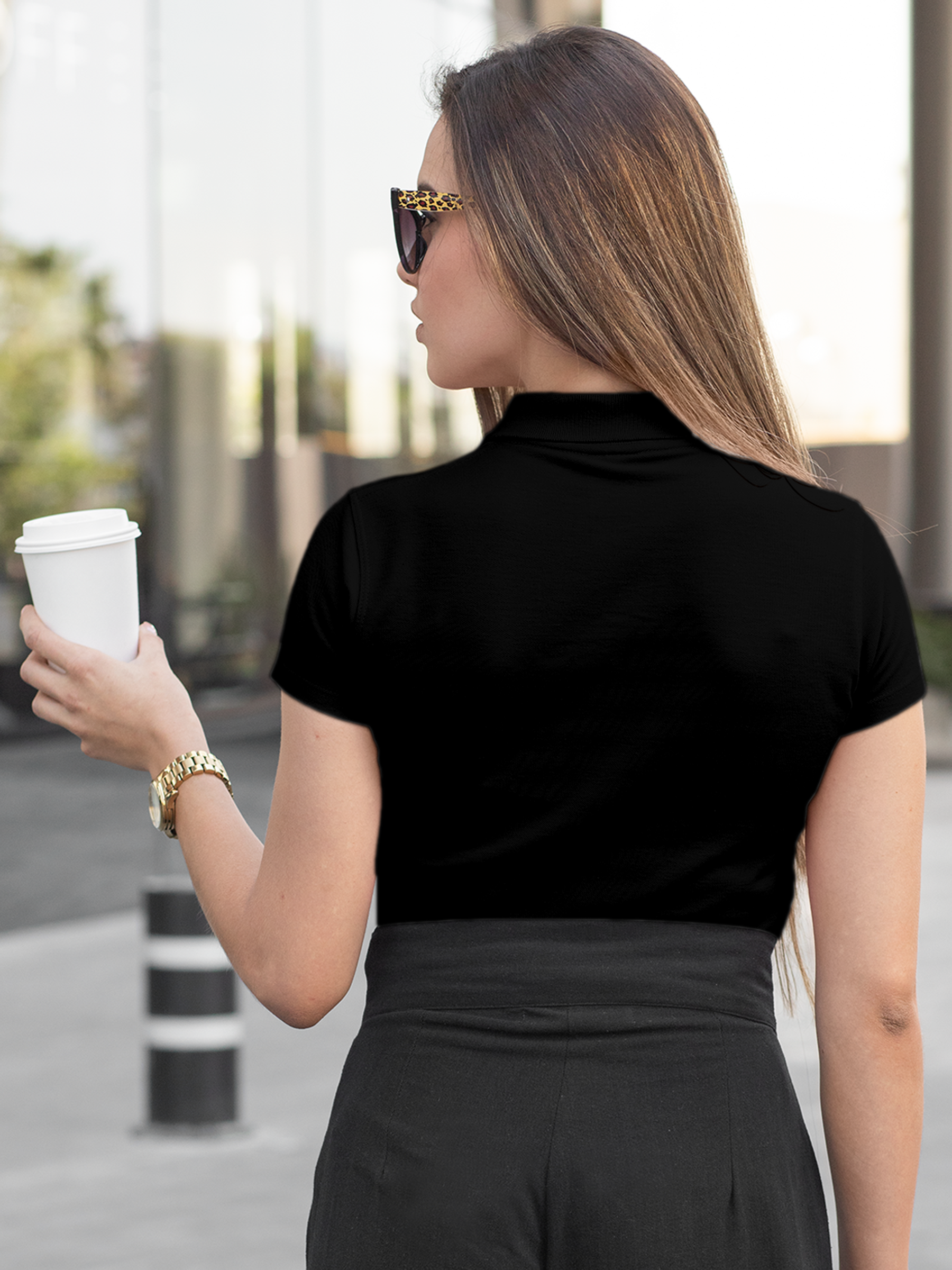 Back view of Fighterhero Women's Black Polo T-shirt, highlighting the modern look and clean finish
