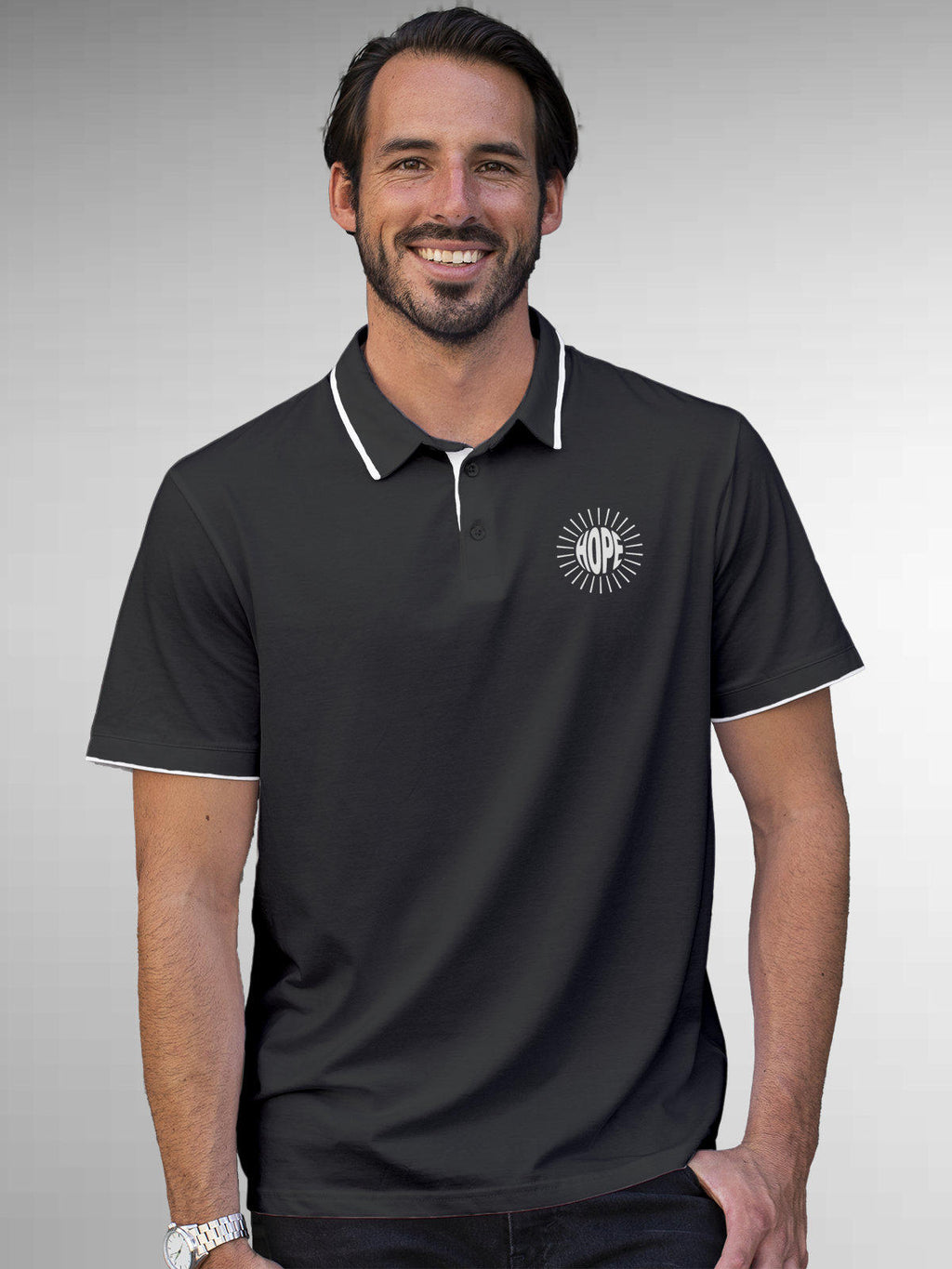 Model wearing Men's Dark Grey Polo T-shirt with 'Hope' design, offering effortless style and premium comfort