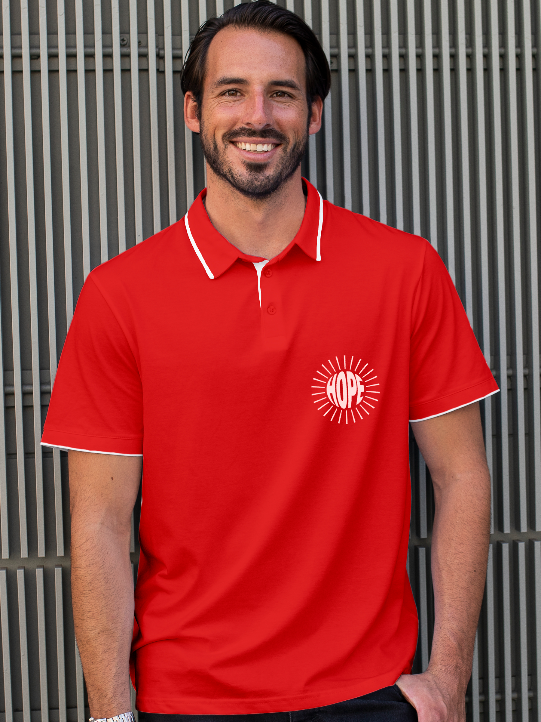 Fighterhero Polo Collection: Model wearing Men's Red Polo T-shirt with 'Hope' design