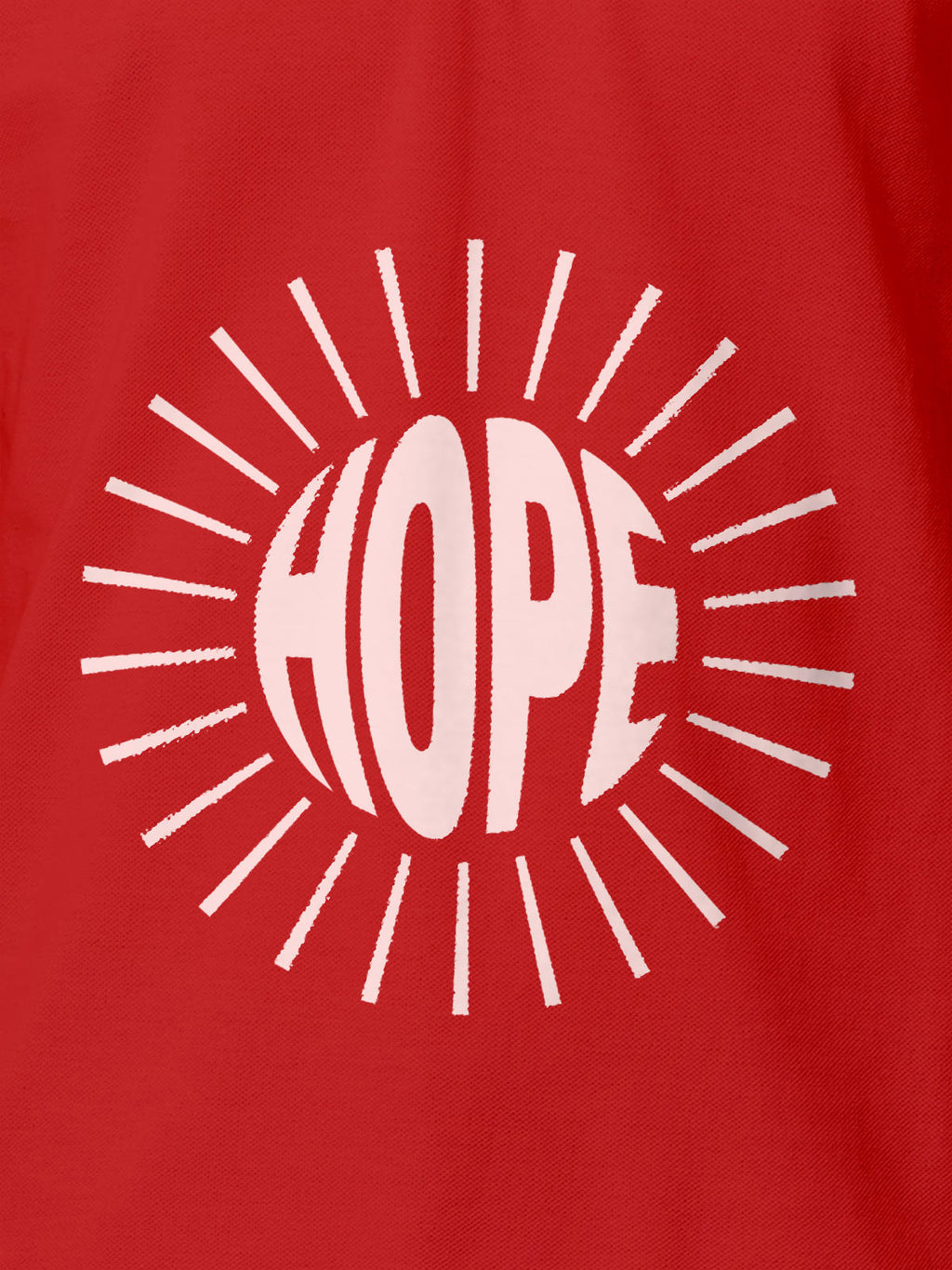 Close up of 'Hope' design on Men's Red Polo T-shirt, highlighting intricate details and vibrant print.