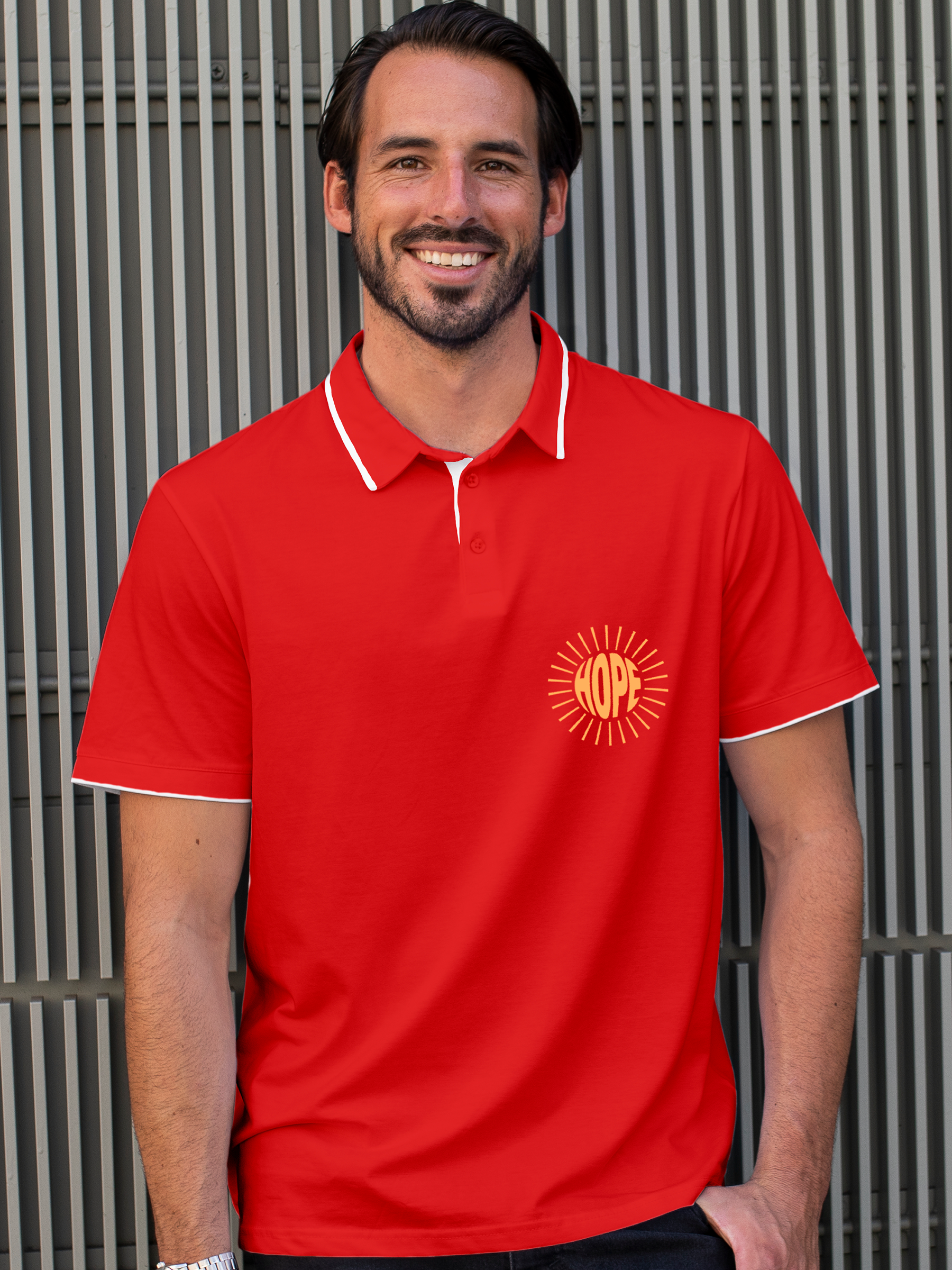 Model wearing Men's Red Polo T-shirt with 'Hope' design, offering effortless style and premium comfort