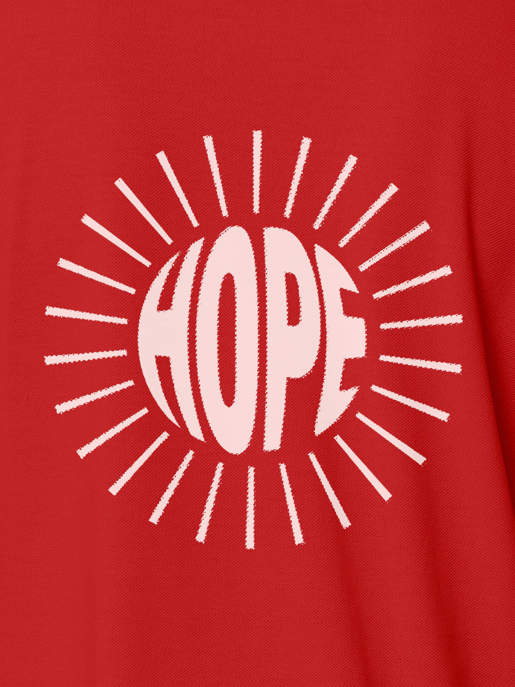 Close up of 'Hope' design on Women's Red Polo T-shirt, highlighting intricate details and vibrant print.