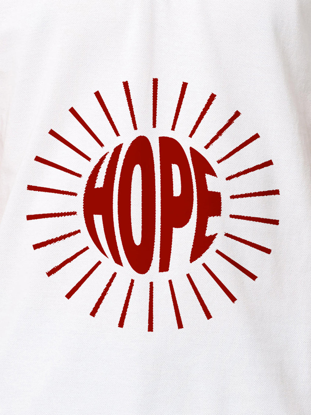 Close up of 'Hope' design on Men's White Polo T-shirt, highlighting intricate details and vibrant print.