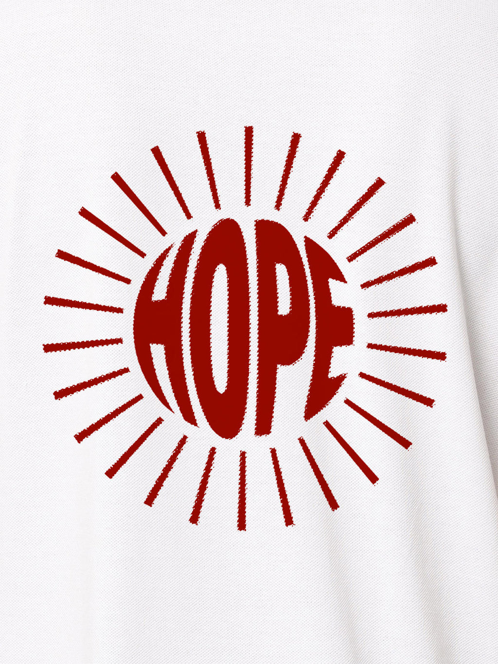 Close up of 'Hope' design on Women's White Polo T-shirt, highlighting intricate details and vibrant print.