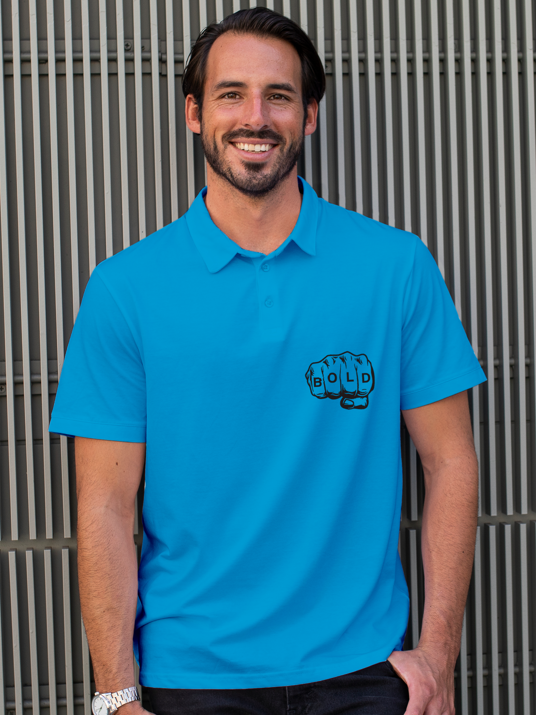 Model wearing Men's Blue Polo T-shirt with 'Bold' design, offering effortless style and premium comfort
