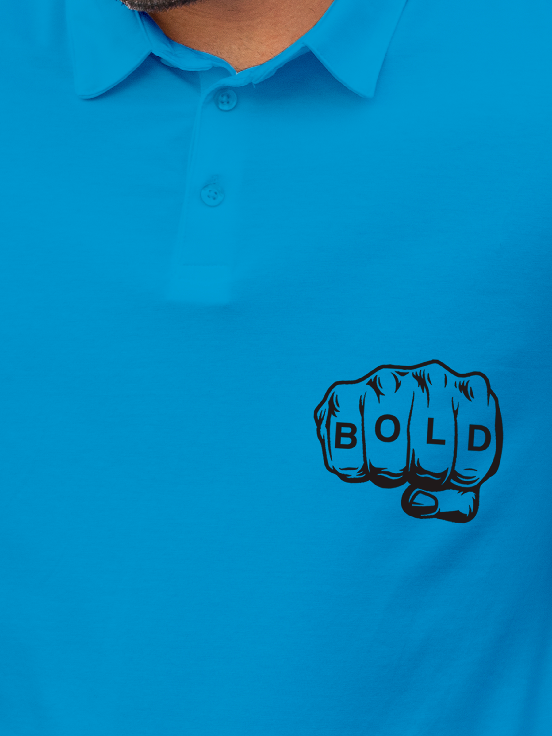 Close up of 'Bold' design on Men's Blue Polo T-shirt, highlighting intricate details and vibrant print.