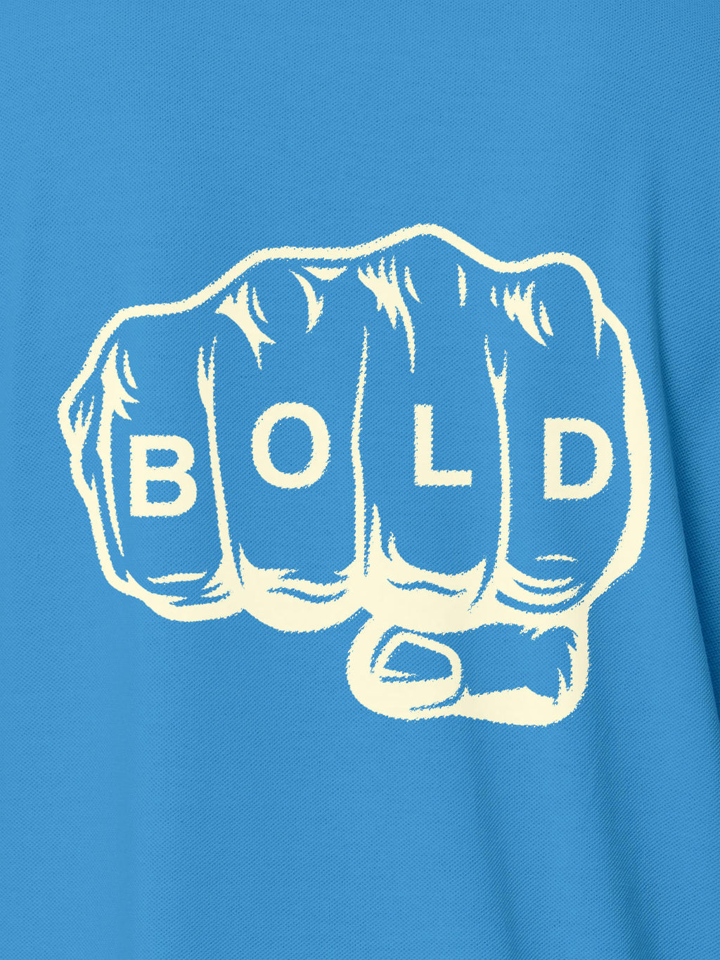 Close up of 'Bold' design on Men's Blue Polo T-shirt, highlighting intricate details and vibrant print.