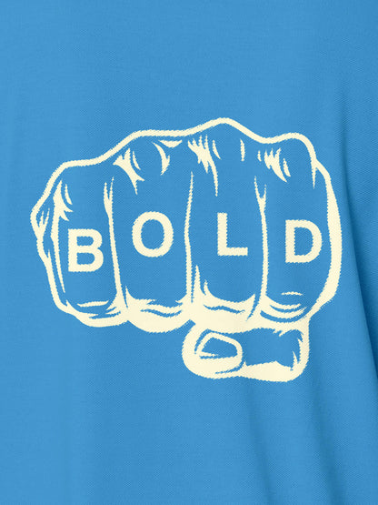 Close up of 'Bold' design on Men's Blue Polo T-shirt, highlighting intricate details and vibrant print.