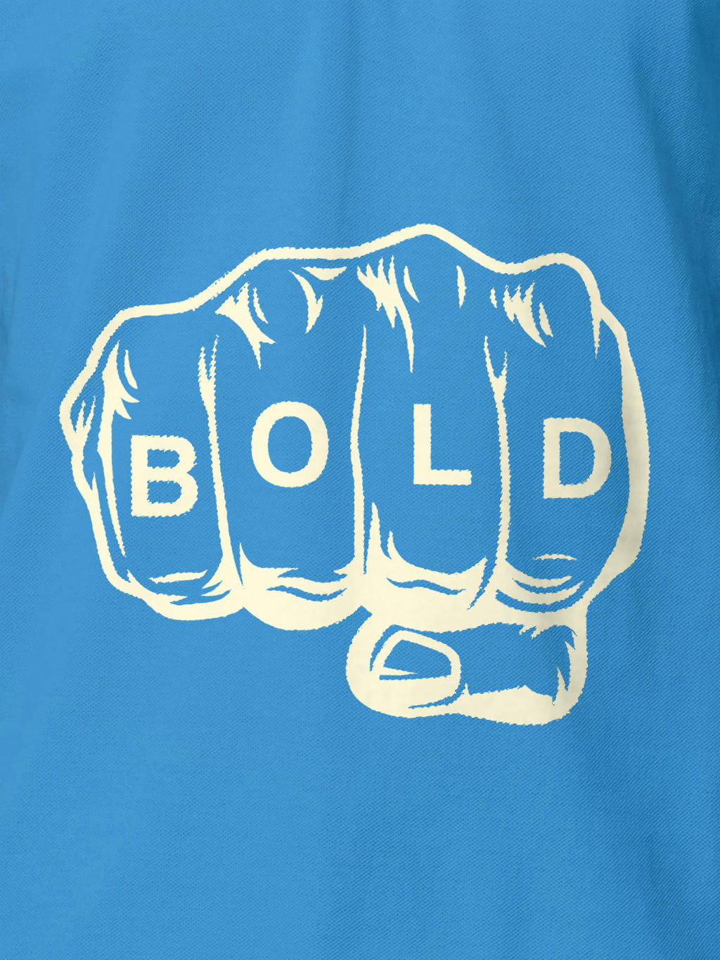 Close up of 'Bold' design on Women's Blue Polo T-shirt, highlighting intricate details and vibrant print.