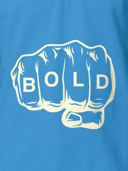 Close up of 'Bold' design on Women's Blue Polo T-shirt, highlighting intricate details and vibrant print.