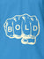 Close up of 'Bold' design on Women's Blue Polo T-shirt, highlighting intricate details and vibrant print.