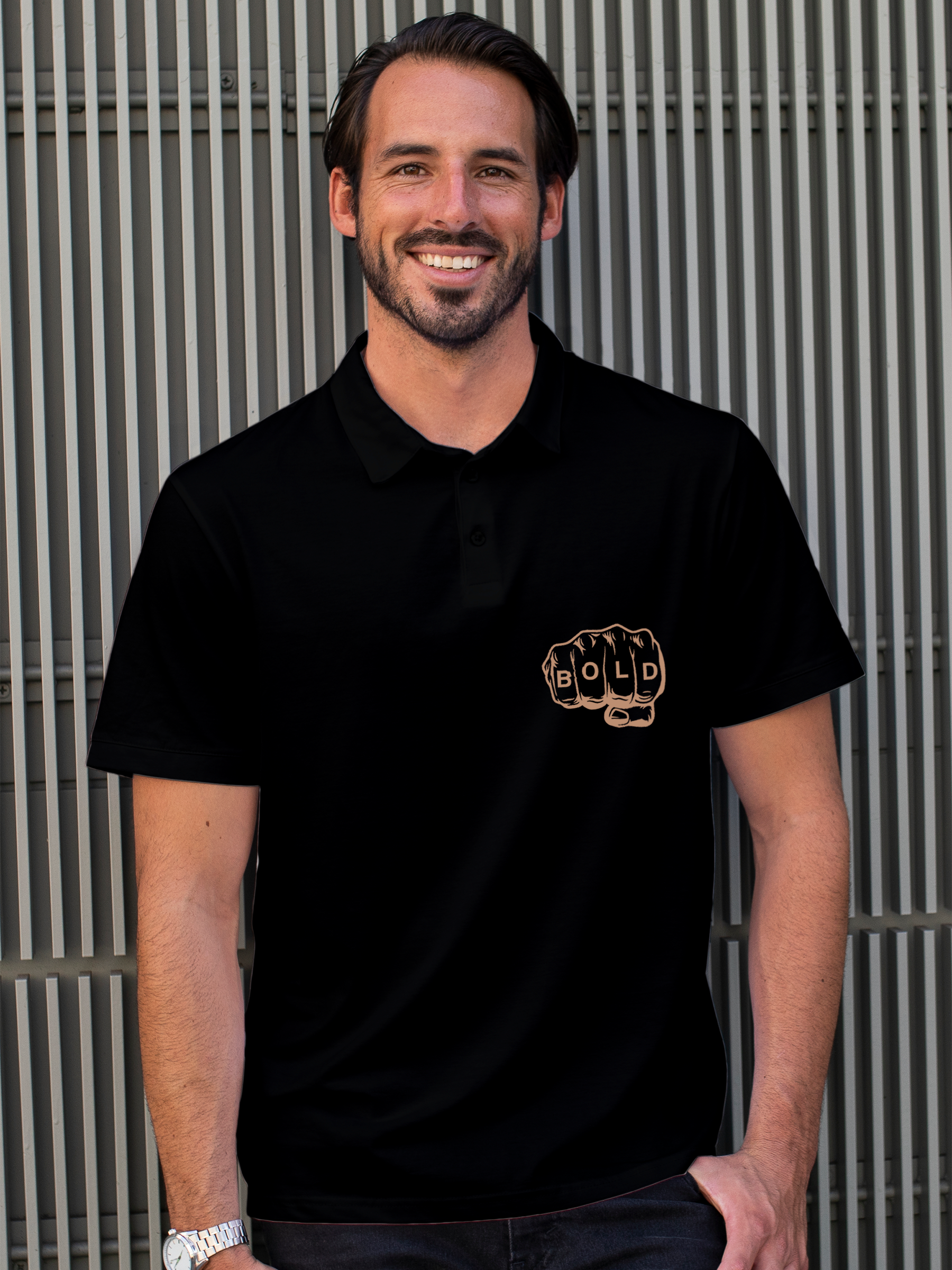 Model wearing Men's Black Polo T-shirt with 'Bold' design, offering effortless style and premium comfort