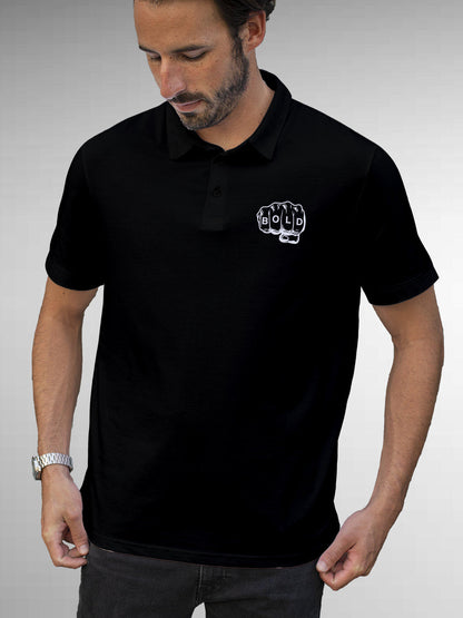 Model wearing Men's Black Polo T-shirt with 'Bold' design, offering effortless style and premium comfort