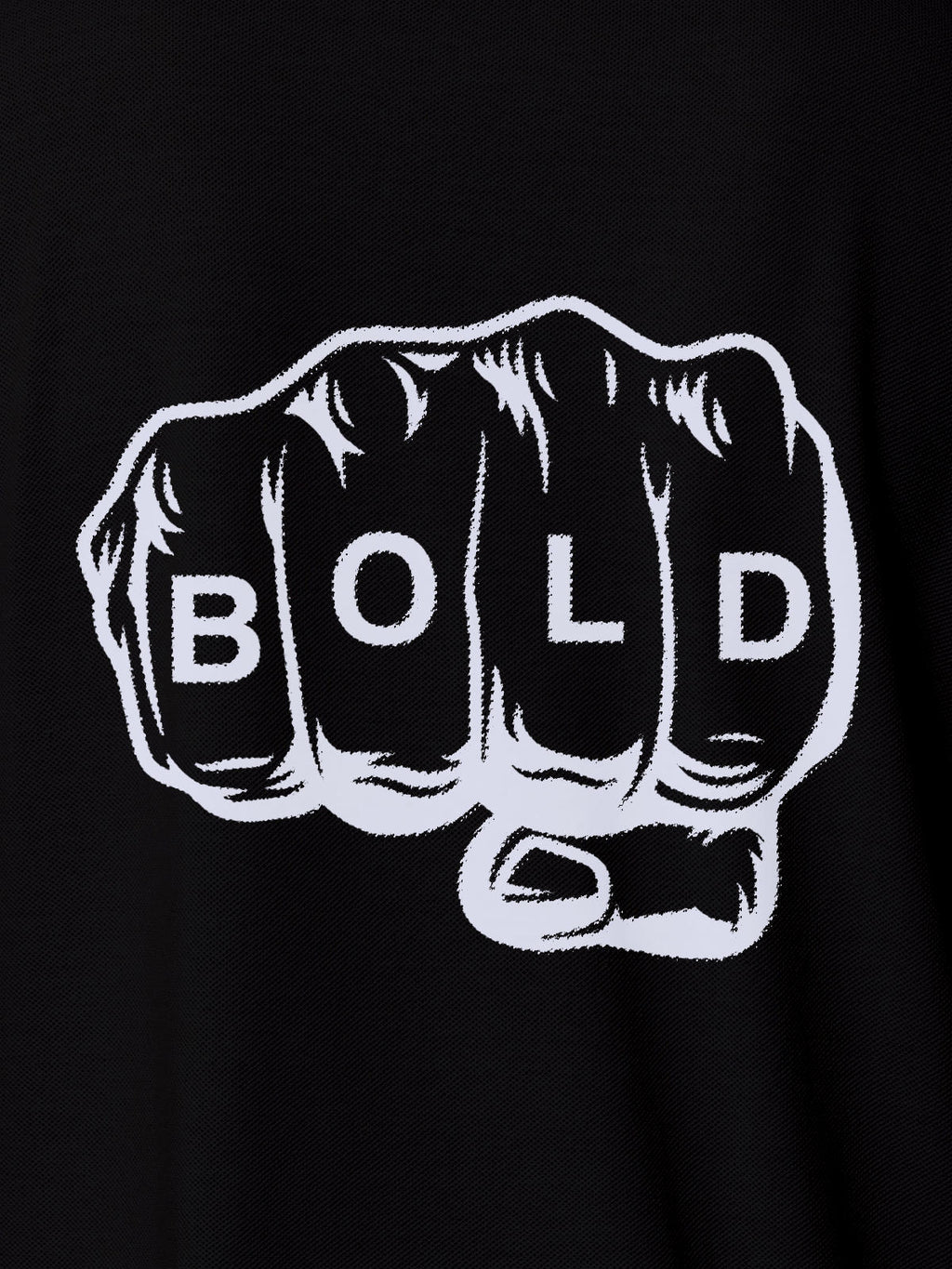 Close up of 'Bold' design on Men's Black Polo T-shirt, highlighting intricate details and vibrant print.