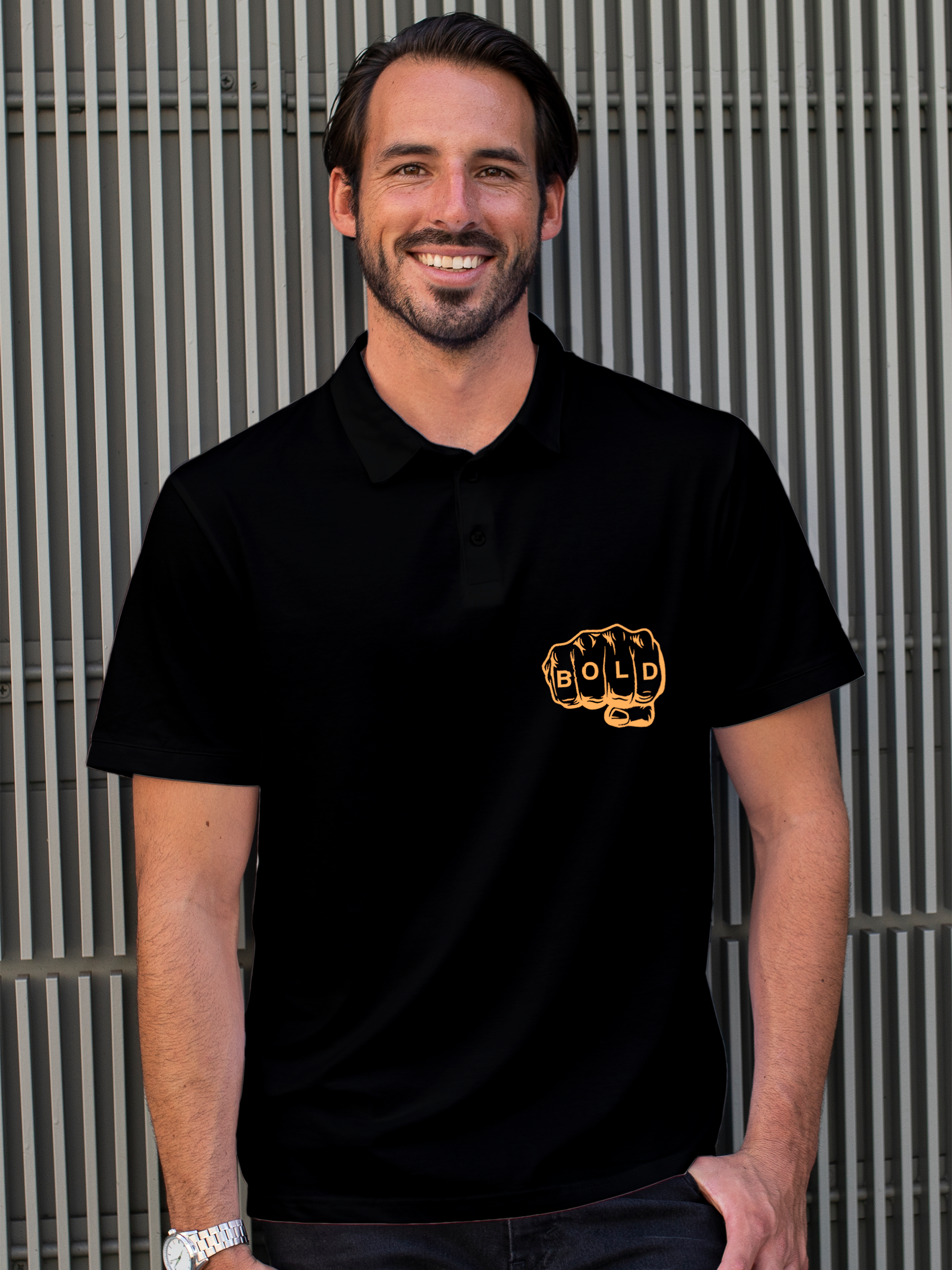 Model wearing Men's Black Polo T-shirt with 'Bold' design, offering effortless style and premium comfort