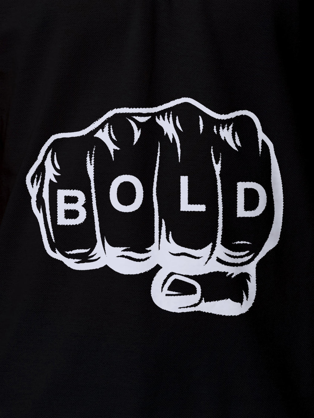 Close up of 'Bold' design on Women's Black Polo T-shirt, highlighting intricate details and vibrant print.