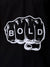 Close up of 'Bold' design on Women's Black Polo T-shirt, highlighting intricate details and vibrant print.