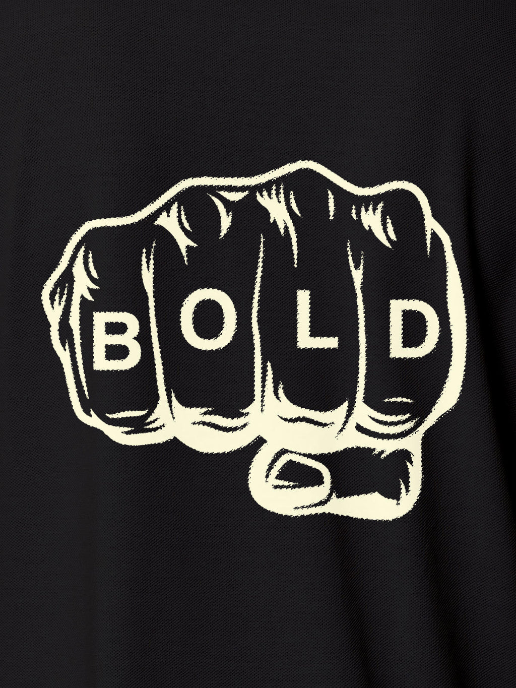 Close up of 'Bold' design on Men's Dark Grey Polo T-shirt, highlighting intricate details and vibrant print.