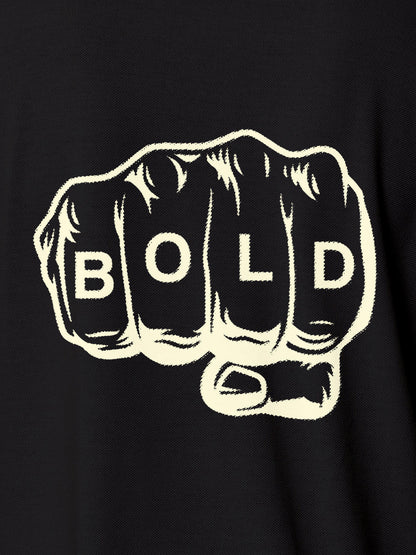 Close up of 'Bold' design on Men's Dark Grey Polo T-shirt, highlighting intricate details and vibrant print.