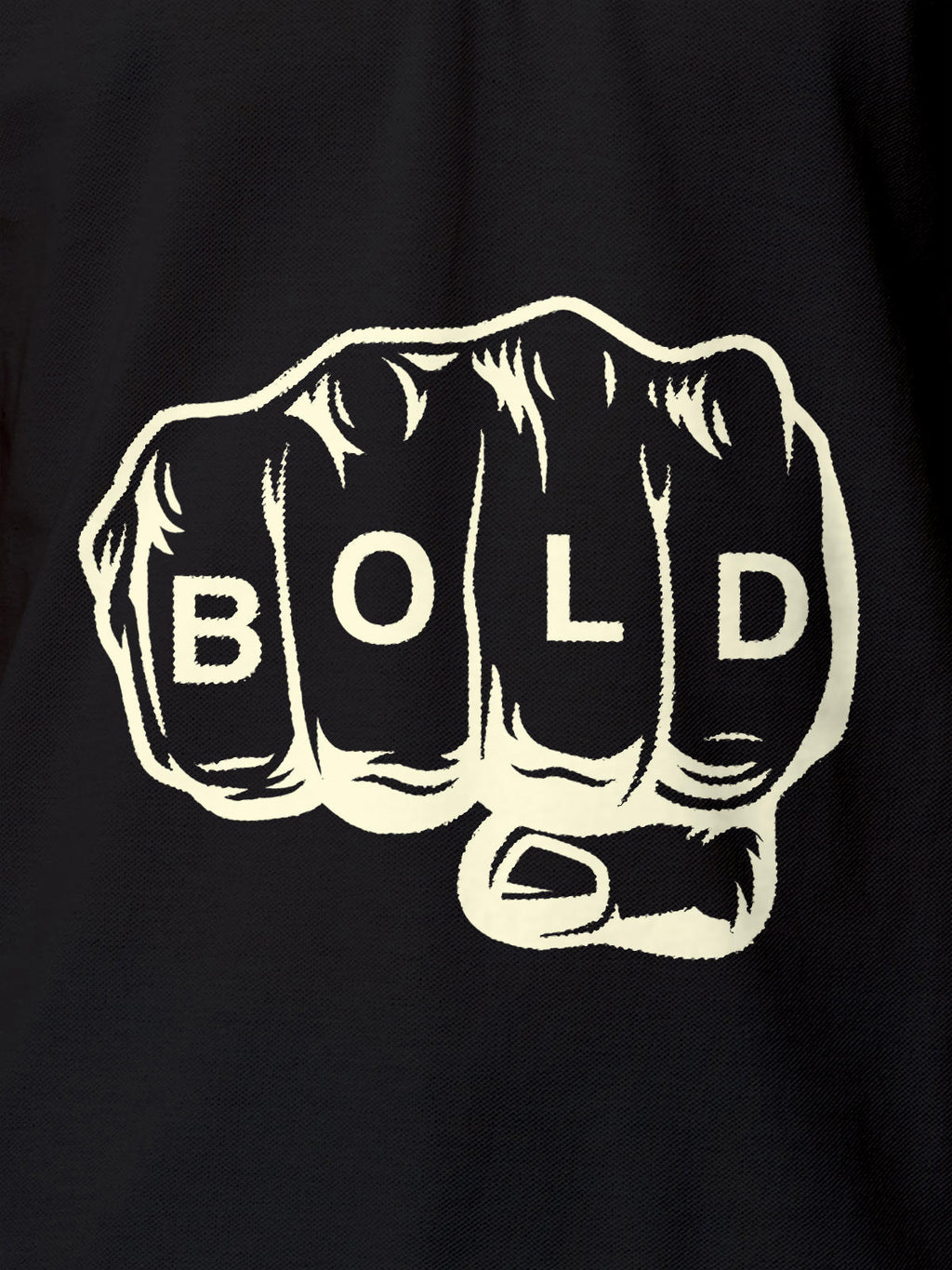 Close up of 'Bold' design on Women's Dark Grey Polo T-shirt, highlighting intricate details and vibrant print.