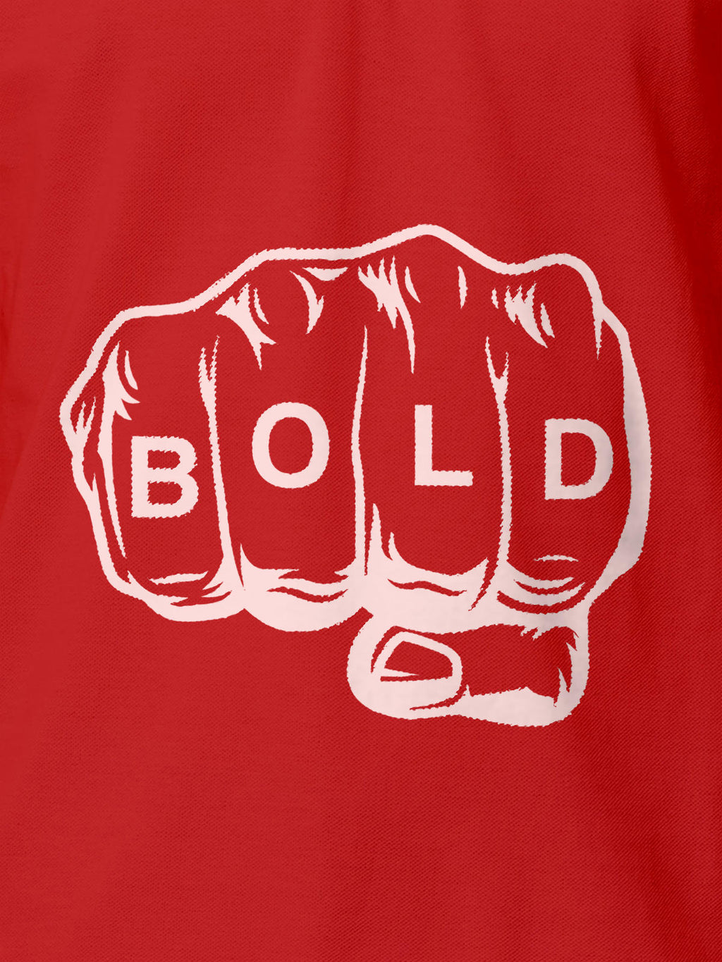 Close up of 'Bold' design on Women's Red Polo T-shirt, highlighting intricate details and vibrant print.