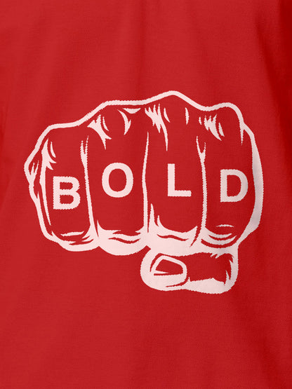 Close up of 'Bold' design on Women's Red Polo T-shirt, highlighting intricate details and vibrant print.