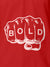Close up of 'Bold' design on Women's Red Polo T-shirt, highlighting intricate details and vibrant print.