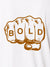 Close up of 'Bold' design on Men's White Polo T-shirt, highlighting intricate details and vibrant print.