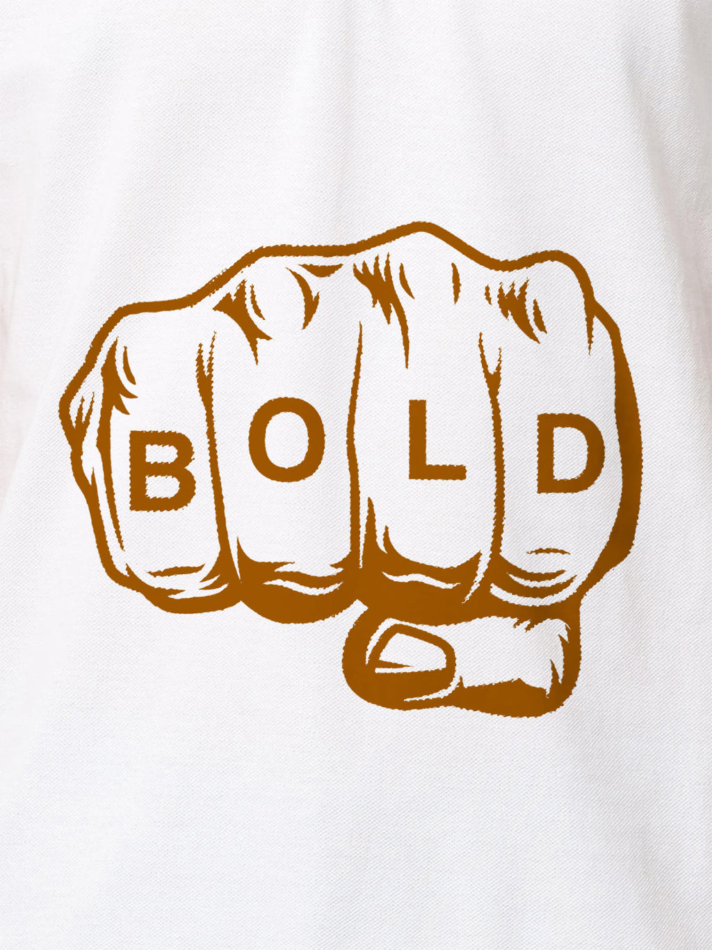 Close up of 'Bold' design on Women's White Polo T-shirt, highlighting intricate details and vibrant print.