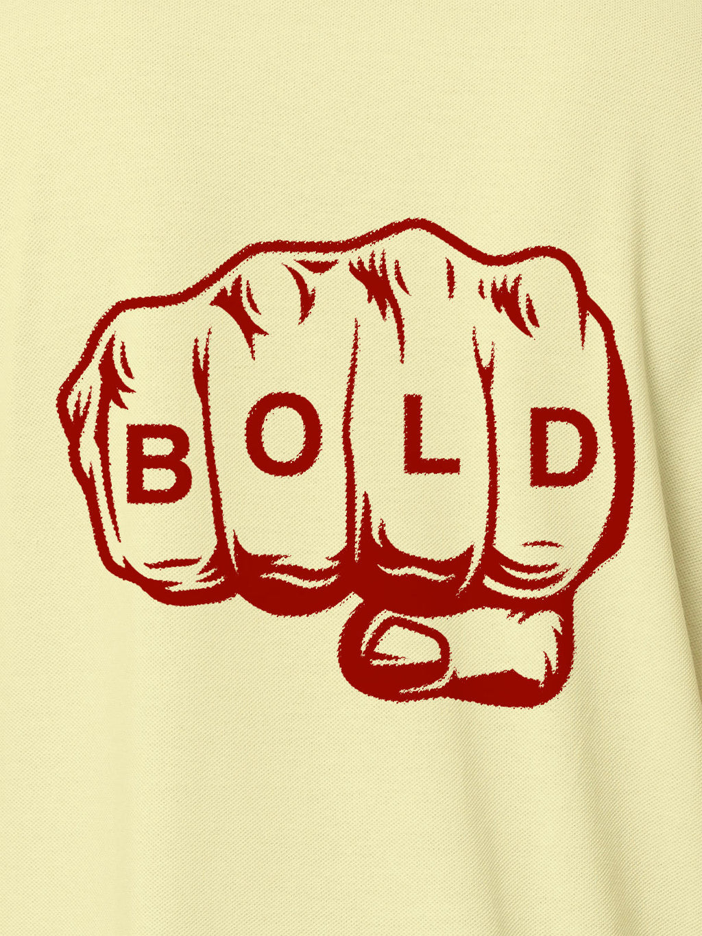 Close up of 'Bold' design on Men's Yellow Polo T-shirt, highlighting intricate details and vibrant print.