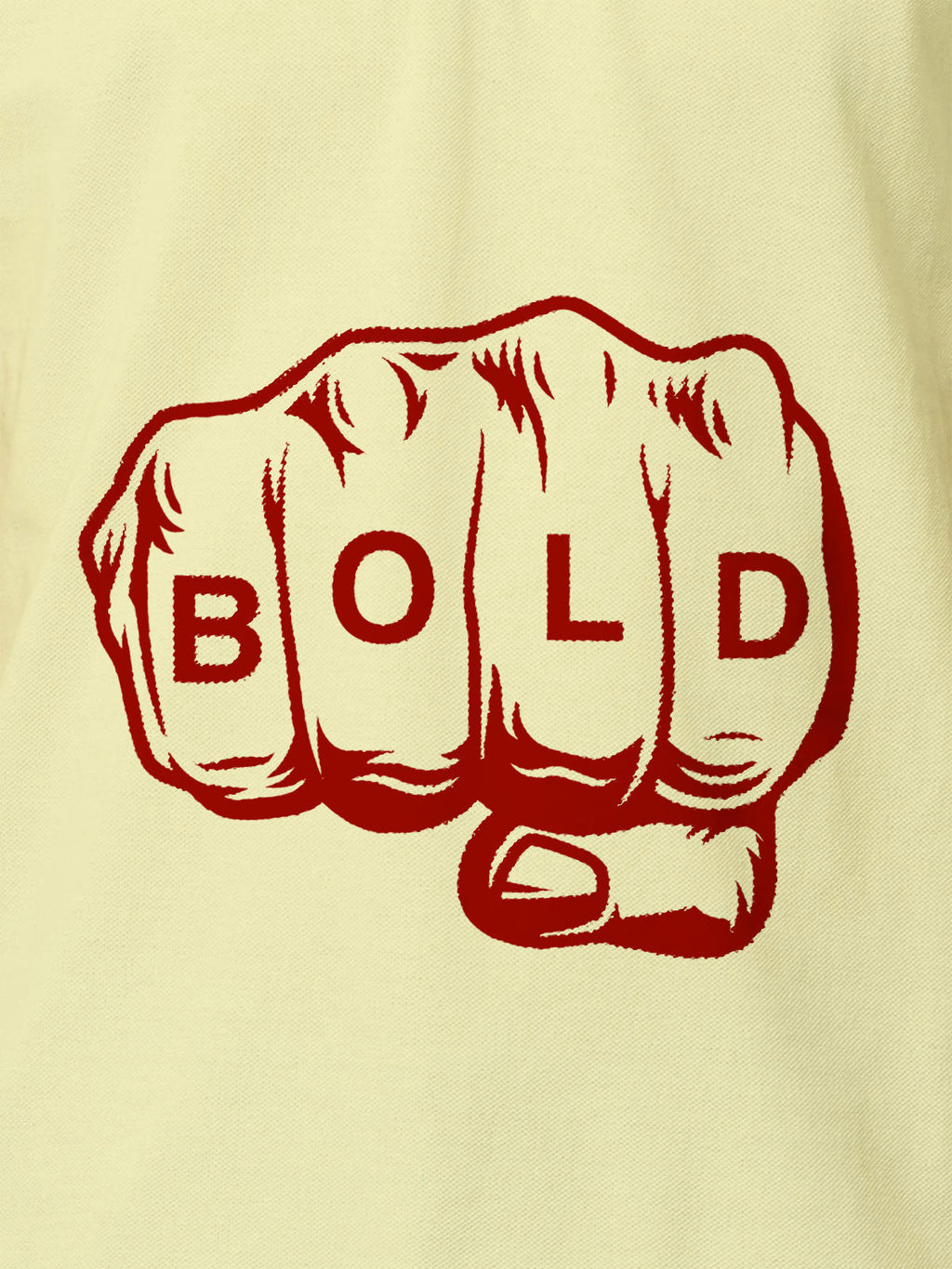 Close up of 'Bold' design on Women's Yellow Polo T-shirt, highlighting intricate details and vibrant print.