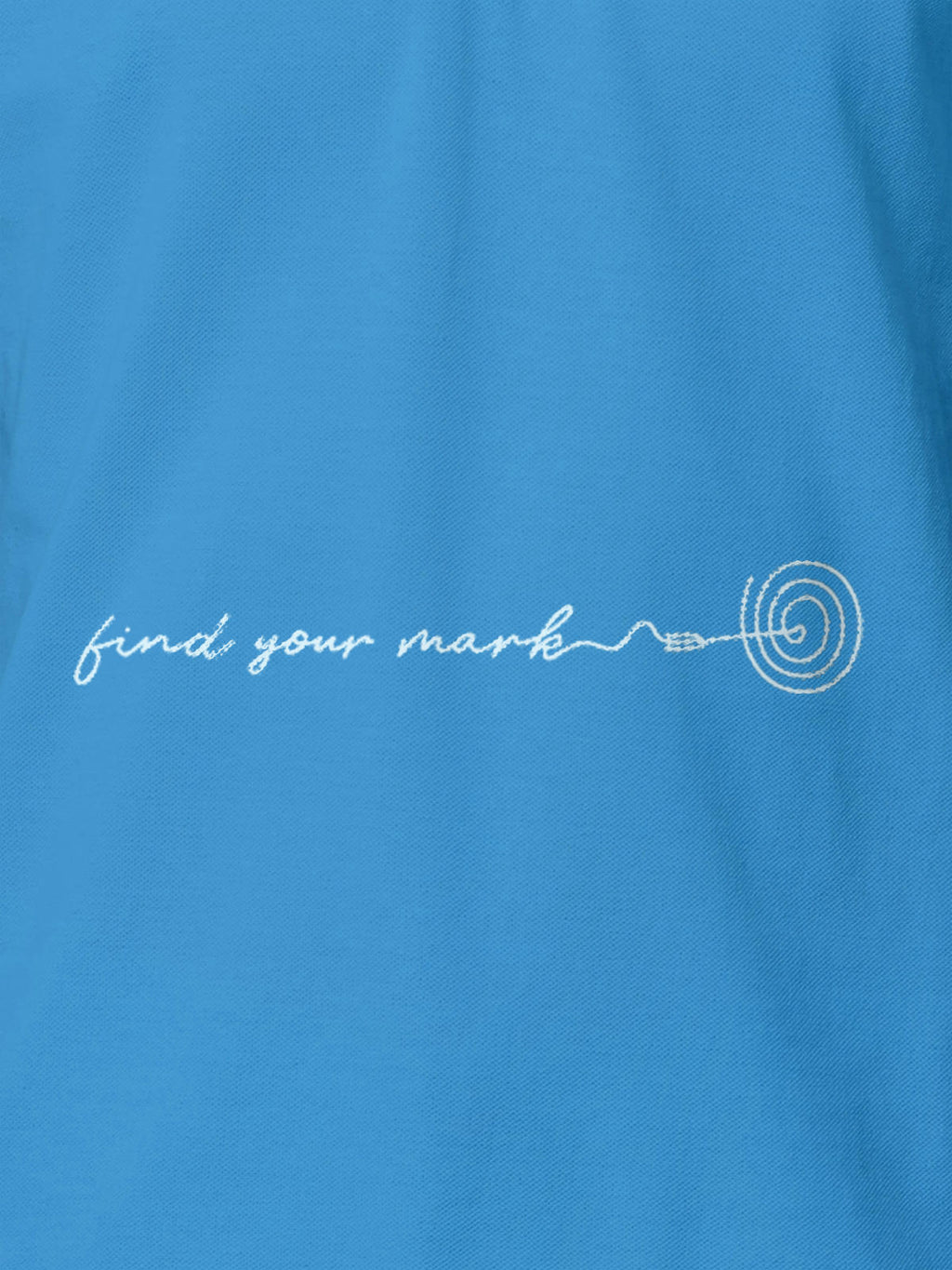 Close up of 'Find Your Mark' design on Men's Blue Polo T-shirt, highlighting intricate details and vibrant print.