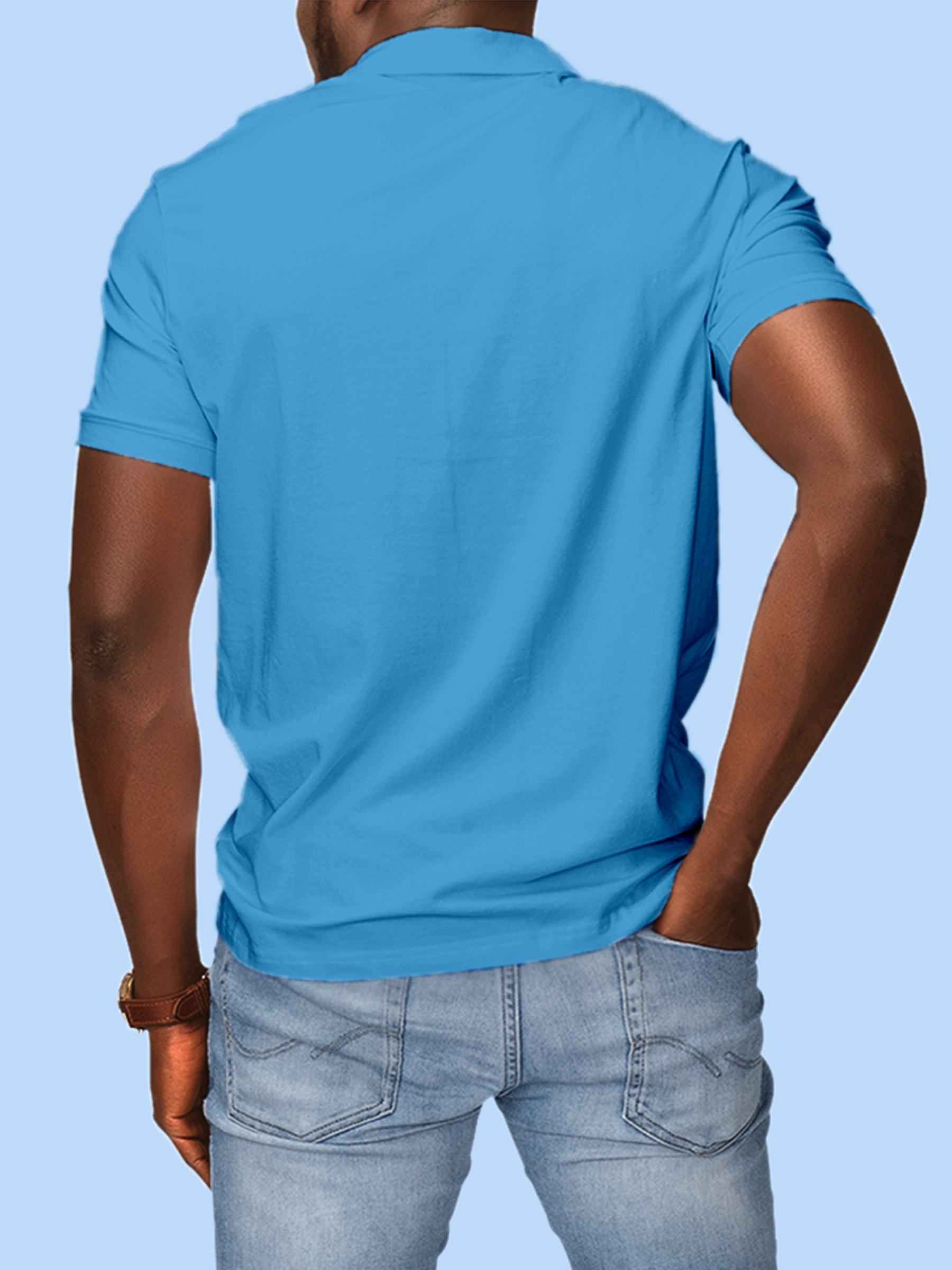 Back view of Men's Blue Polo T-shirt with Find Your Mark design, highlighting the modern look and clean finish