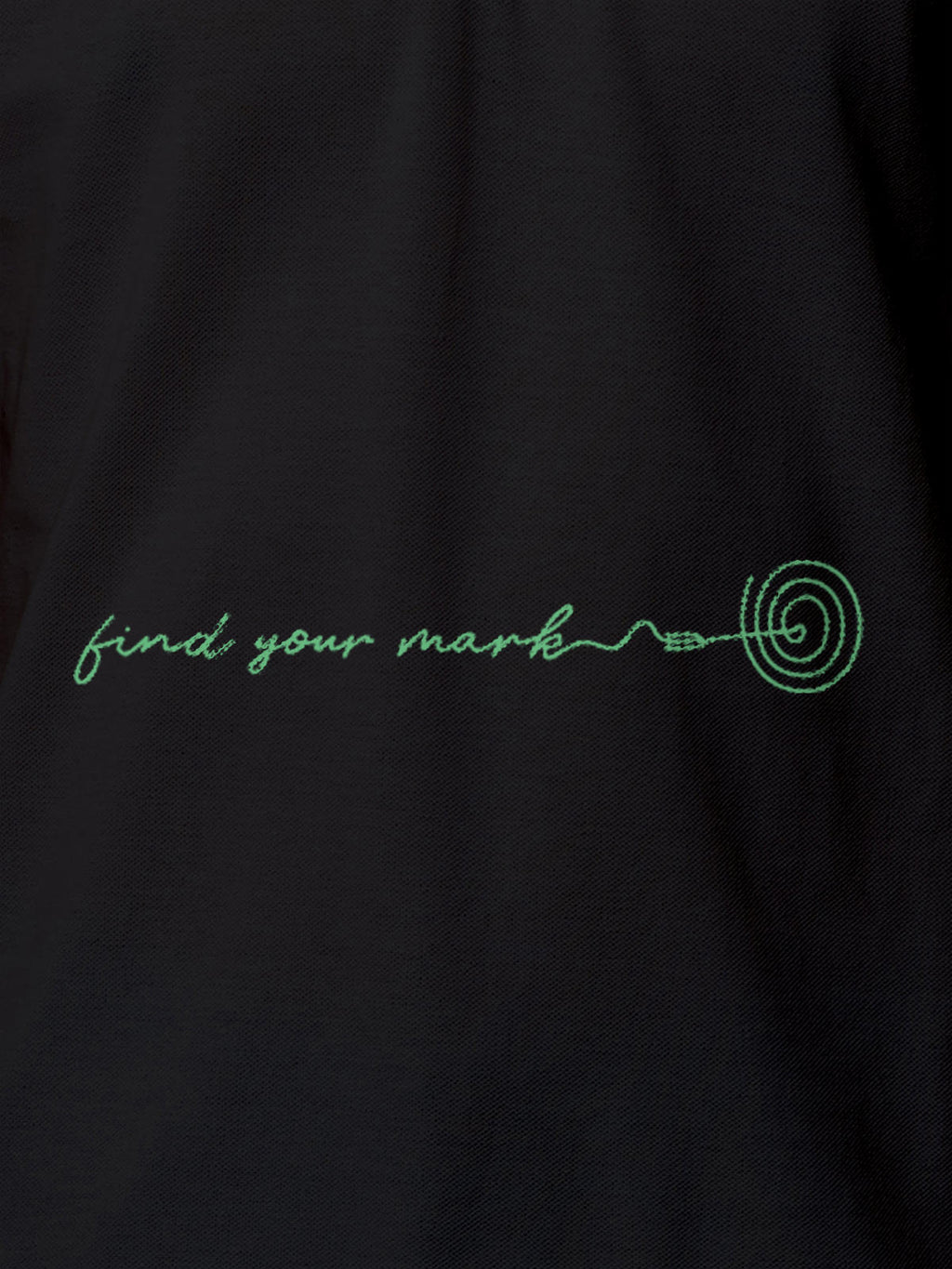 Close up of 'Find Your Mark' design on Men's Dark Grey Polo T-shirt, highlighting intricate details and vibrant print.