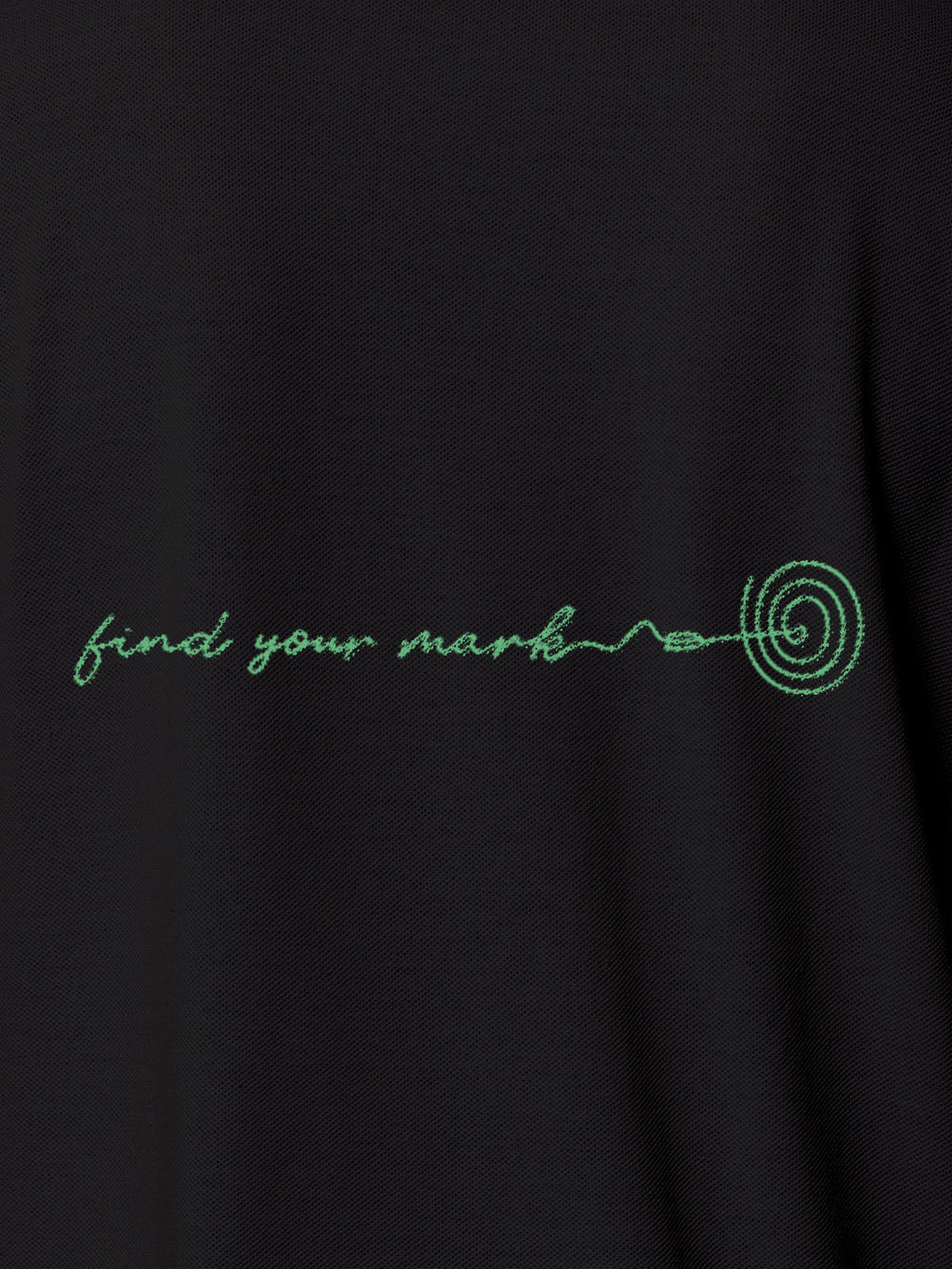 Close up of 'Find Your Mark' design on Women's Dark Grey Polo T-shirt, highlighting intricate details and vibrant print.