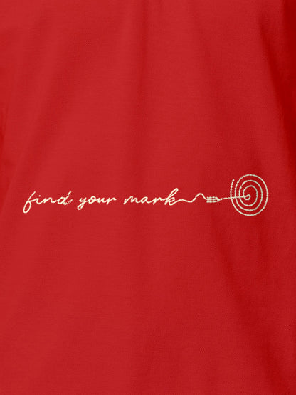 Close up of 'Find Your Mark' design on Men's Red Polo T-shirt, highlighting intricate details and vibrant print.