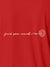 Close up of 'Find Your Mark' design on Women's Red Polo T-shirt, highlighting intricate details and vibrant print.