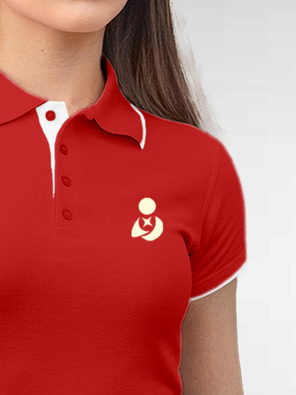 Back view of Fighterhero Women's Red Polo T-shirt, highlighting the modern look and clean finish
