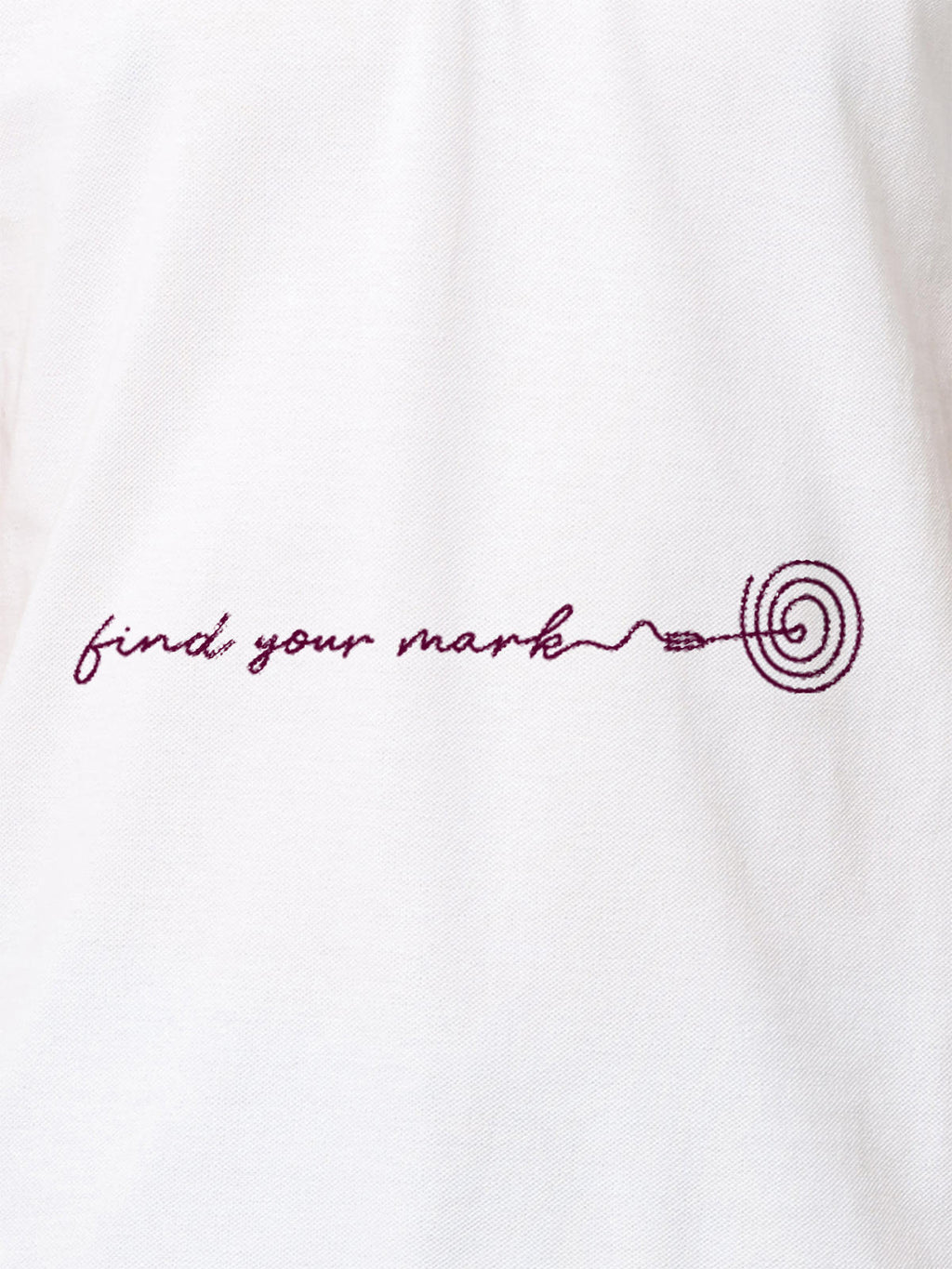 Close up of 'Find Your Mark' design on Men's White Polo T-shirt, highlighting intricate details and vibrant print.