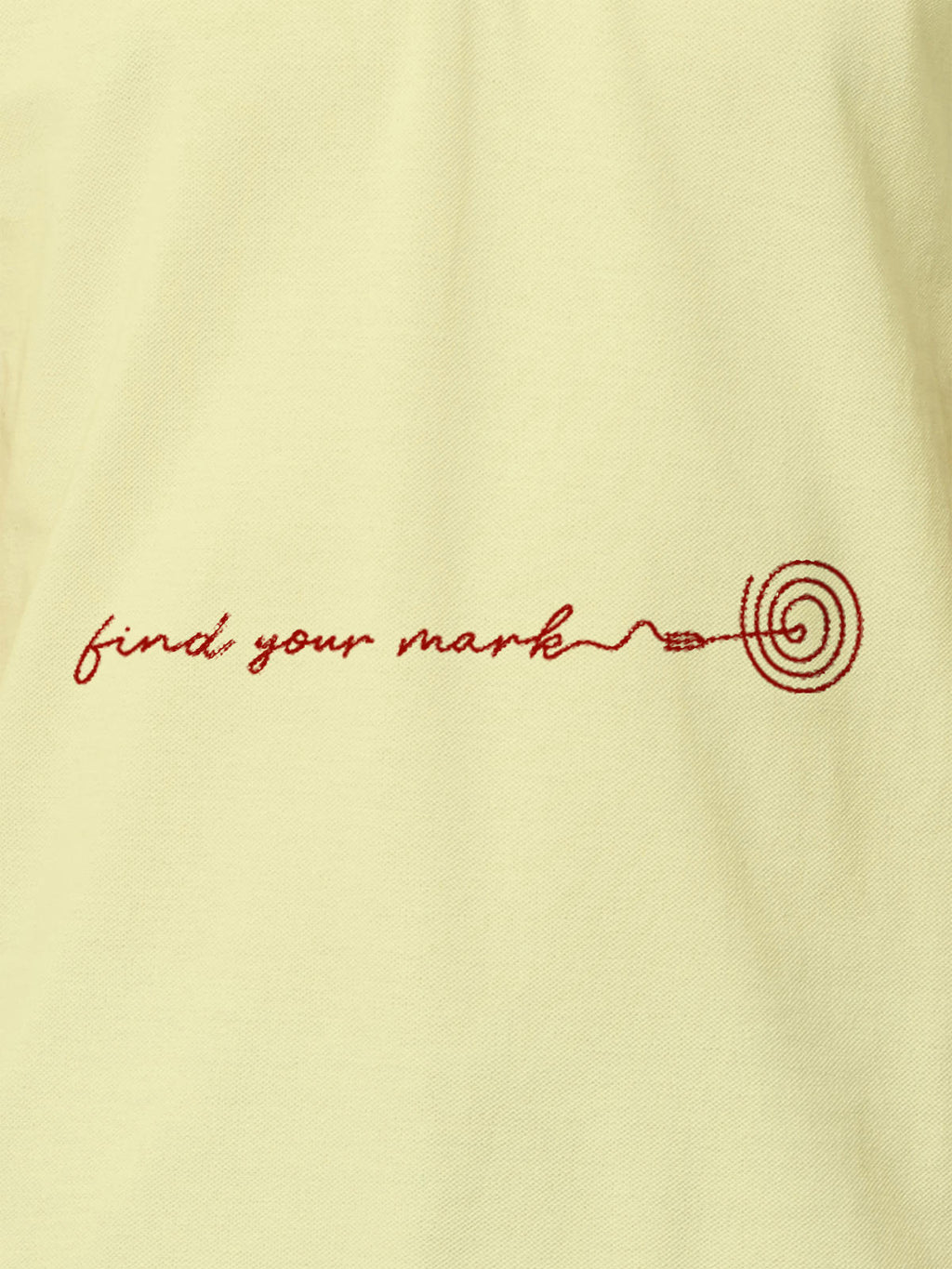 Close up of 'Find Your Mark' design on Men's Yellow Polo T-shirt, highlighting intricate details and vibrant print.