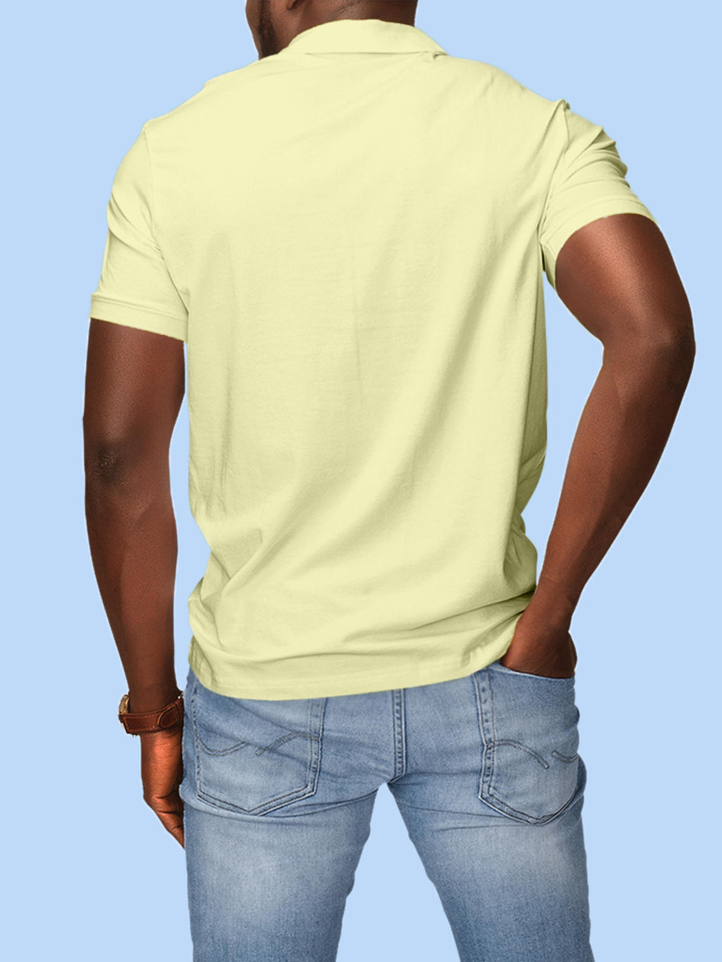 Back view of Fighterhero Men's Yellow Polo T-shirt, highlighting the modern look and clean finish