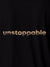 Close up of 'Unstoppable' design on Men's Black Polo T-shirt, highlighting intricate details and vibrant print.