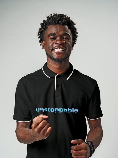 Model wearing Men's Dark Grey Polo T-shirt with 'Unstoppable' design, offering effortless style and premium comfort