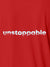 Close up of 'Unstoppable' design on Men's Red Polo T-shirt, highlighting intricate details and vibrant print.