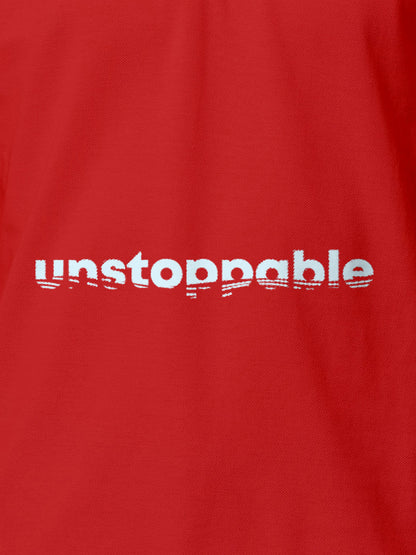 Close up of 'Unstoppable' design on Women's Red Polo T-shirt, highlighting intricate details and vibrant print.