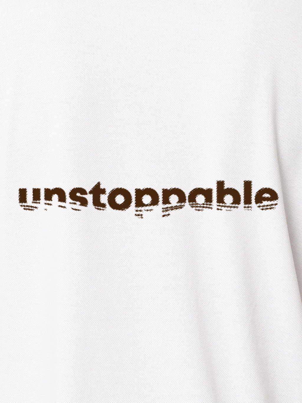 Close up of 'Unstoppable' design on Men's White Polo T-shirt, highlighting intricate details and vibrant print.