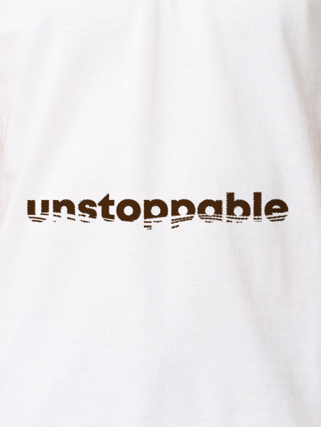 Close up of 'Unstoppable' design on Women's White Polo T-shirt, highlighting intricate details and vibrant print.